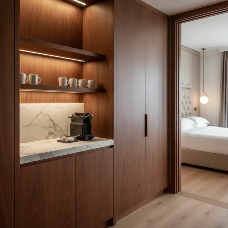 تصميم داخلي فاخر من تنفيذ لوما للديكور يجمع بين ركن قهوة مودرن بأرفف خشبية وإضاءة LED مخفية، وخزانة ملابس مدمجة (Built-in) بتشطيب خشب الجوز، مع إطلالة على غرفة نوم فندقية أنيقة، مما يعكس حلول الأثاث السكني والفندقي المتكاملة.